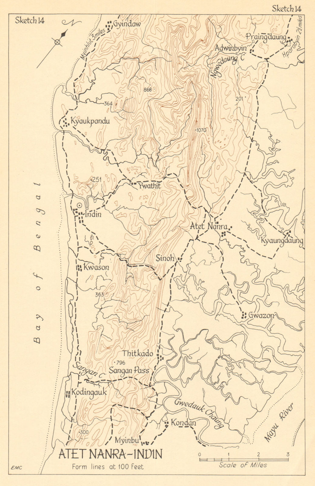 Atet Nanra-Indin 1943. Japanese conquest of Burma. World War 2 1961 old map
